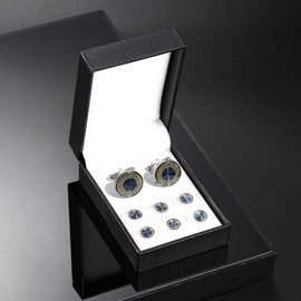 Wynameleri Tuxedo Shirt Studs Gold Line Navy Blue Dinner Shirt Studs For Dress Shirt, 8 In 1 Cufflinks Set Navy Blue Shirt Studs And Cufflink Set Royal Navy Cufflinks