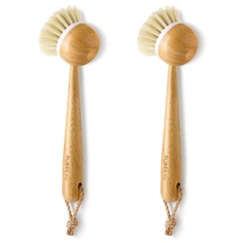 SUBEKYU Dish Brush with Handle, Natural Bamboo Dish Scrubber Brush, Kitchen Dishwashing Brush for Cleaning Dishes/Pans/Pots/Sinks, Sisal Bristles, 2P