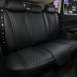 CAR PASS Bling Diamond Back Seat Covers, Nappa Leather Rear Seat Bench Cushion Waterproof Breathable Back Row Protector Universal Fit Car Sedan SUV Pickup Truck Shining Rhinestone Sparkle, Black