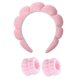 Veewon 3pcs Spa Headband for Washing Face Velvet Makeup Headband with Wrist Washband Makeup Hair Band for Girls Women (Pink)