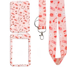 AFCJLTO ID Badge Holder with Lanyard, Neck Lanyard Strap, Removable Neck Lanyard Strap, Removable Name Plate Clips for Office Workers, Nurses, Teachers, Students (Pink)