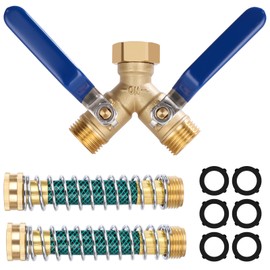 Dalmbox Garden Hose Splitter 2 Way With Long Handle, Garden Hose Adapter with 2 Pcs Garden Hose Coiled Spring Protectors and 6 Rubber Washers