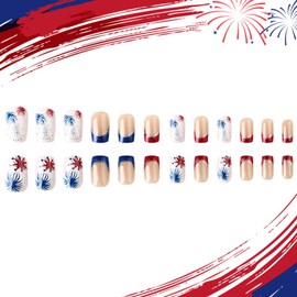 Independence Day Press on Nails Square Medium Fake Nails with Glitter Designs Red Blue French Tip Nails Press ons Nude Acrylic Nails 4th of July Glue on Nails Cute Stick on Nails for Women 24Pcs