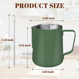 Amrules Milk Frothing Pitcher, 12 oz Milk Frother Cup with Clear Scale, 304 Stainless Steel Cappuccino Espresso Machine Accessories for Barista Coffee Bar with Latte Art Pen, Green