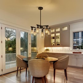 Kvaeavn 6-Light Modern Farmhouse Black Chandelier, Dining Room Light Fixture Over Table Adjustable Height Hanging Industrial Pendant Lights Kitchen Island, Clear Glass Shade