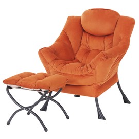 MBOOYOME Lazy Chair with Folding Ottoman, Modern Accent Lounge Armchair with Armrests, a Side Pocket & Foldable Footstool, Leisure Reading Chair for Living Room, Bedroom, Dorm & Office, Velvet Orange