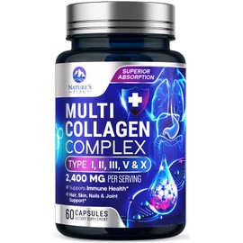 Multi Collagen Peptides Supplement for Hair, Nail, Skin - Type I, II, III, V, X, Collagen Powder Pills - Grass-Fed, Hydrolyzed for Bone and Joint Support for Women & Men, Non-GMO - 60 Capsules