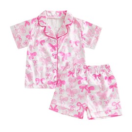 ensswliz Kids Girls Silk Satin Pajamas Set Summer Floral Bow Short Sleeve Lapel Collar Button Down Top Elasticated Waist Shorts Sleepwear Matching Pjs (E-Pink, 6-12 Months)