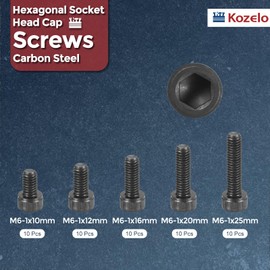 Kozelo 50pcs M6 Socket Head Cap Screws Bolts Nuts Assortment Kit - [M6x10/12/16/20/25mm] Alloy Steel Fully Threaded Black Oxide 12.9 Internal Hex Screw for 3D Printer Use