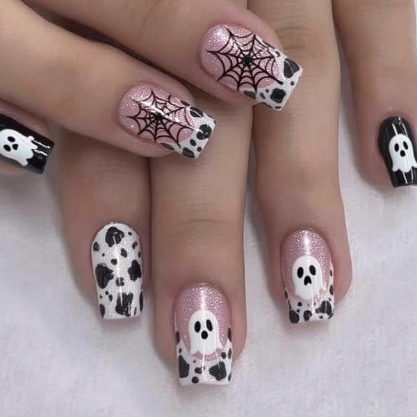 Halloween Press on Nails Short Square ZIFANHU Fake Nails Press