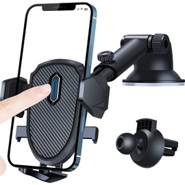 Smartphone Holder for Cars, Improved Strong Suction Cup, Dashboard/Windshield/Air Conditioner, One-Hand Operation, Angle Adjustable, Back Button, Compatible with All 4-7 Inch Models, Compatible with