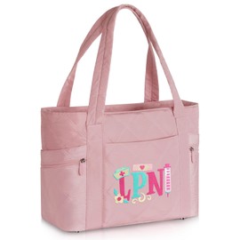 FUZVOL Tote Bag for Women, Nurse Bags for Work, 17'' Large Nursing Bags for Nurses, Laptop Tote Bag, Clinical Bag for Nursing Students, Quilted Shoulder Bag for Travel, Pink, LPN