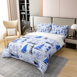 Erosebridal 100% Cotton Vintage Ocean Sailboat Comforter Cover King Size Anchor Nautical Bedding Set for Boys Kids Teens Watercolor Retro Lighthouse Print Duvet Cover Coastal Theme Quilt Cover