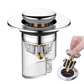 Cespol para Lavabo de Baño – 33.5-45mm Ajustable, Tapón para Fregadero Universal – Núcleo de Cobre, Diseño Emergente Pop-Up, Antiolor y Antiinsectos, 