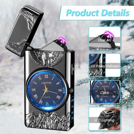 Electric Lighter with Clock YOZWOO USB Rechargeable Lighter with LED Light, Plasma Dual Arc Lighters with LED Power Display for Candle, Cool Lighters Gifts for Men and Women (Black-Eagle)