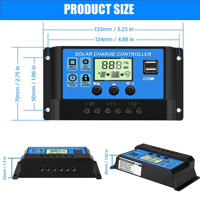 30A PWM Solar Charge Controller, 12V 24V Dual USB Solar