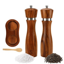 2Pcs Wooden Salt and Pepper Grinder, 8-inch Oak Mill Adjustable Ceramic Core, 2 Refillable Mills with Wooden Spoon and Base, Kitchen Cooking Tool