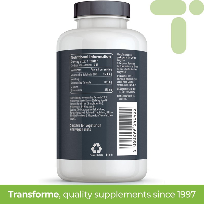 Glucosamine Sulphate 2KCl 1500mg 365 Tablets, 1 Year Supply, Vegan