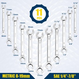 YIYEIE 12-Point Flare Nut Wrench Set Metric & SAE, 8mm-19mm & 1/4"-7/8", 11PCS Offset Line Wrench Set for Brake, Fuel and Tubing, CR-V Steel, Double Open End with Organizer Pouch for Removing Nuts