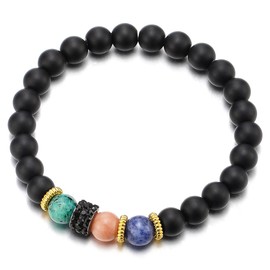 COOLSTEELANDBEYOND 8 mm Unisex Bracelet Matte Black Beads Colourful Agate with Black Zirconia Charm Stretchy, Synthetic Agates, Cubic Zirconia