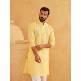 Sojanya (Since 1958 Men'S Pure Cotton Yellow Chikankari Only Long Kurta