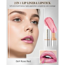 Glitzer Lippenstift Rose Rot, Smooth Nourishing Lipliner mit Metallic Shine, Long Lasting Wasserfest, Lip Liner & Lipstick 2-in-1, Cremige Textur, Hochpigmentiert Not-stick Cup Lipgloss für Frauen-06