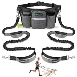PetAmi - Correa de perro con manos libres para 2 perros, correa ajustable para caminar perros, riñonera, bolsa de accesorios para correr, senderismo, trotar, ciclismo, gris carbón