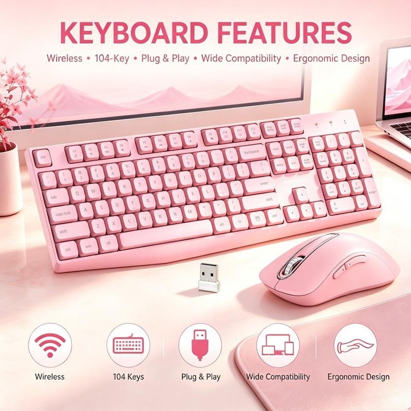 Wireless Keyboard and Mouse Combo, 2.4G Full Size Ergonomic Keyboard