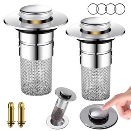 Pack of 2 Sink Drain Plugs, Hair Strainer Sink with Stainless Steel Floor Drain Strainer, Pop-up Design with Hair Catcher, Quick Drainage for 34-40 mm Drains (Kitchen, Bathroom, Sink)