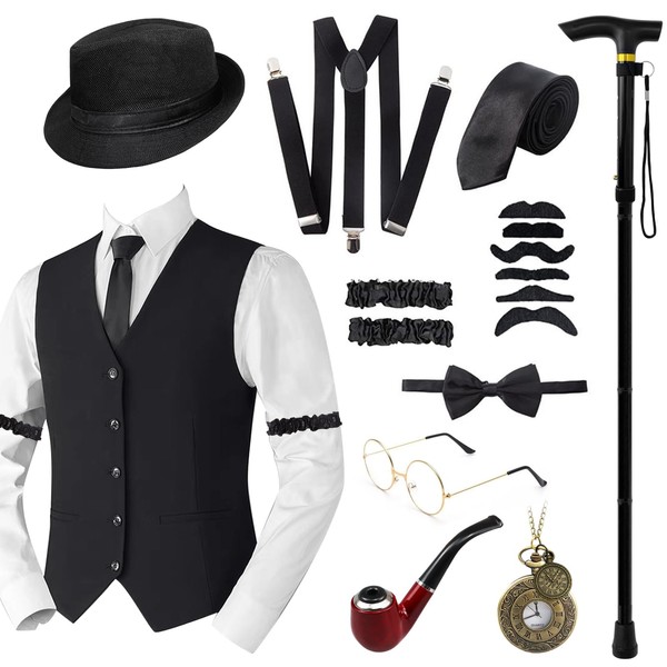 Okabay 1920s Gatsby Costume for Men,1920s Men Fancy Dress Vest Accessories Set,Retro Gangster Costume Kit with Waistcoat Hat Foldable Metal Crutches Suspenders Mustache Pocket Watch Pipe Glasses Tie