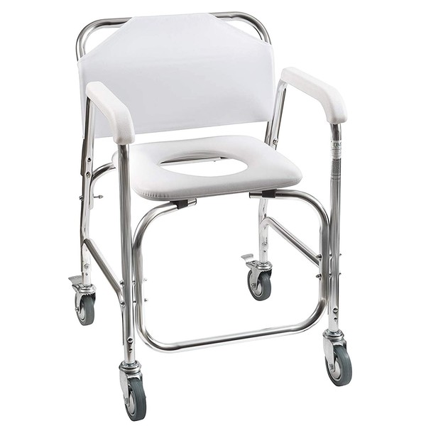 DMI Rolling Shower Chair, Commode, Transport Chair, FSA Eligible, Rolling Bathroom Wheelchair for Handicap, Elderly, Injured or Disabled, Rear Locking Wheels, 250 lb. Weight Capacity, White