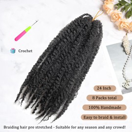 TUVOJALE Marley Twist Braiding Hair 24 inch Afro Kinky Curly Crochet Braids 8 Packs Cuban Twist Crochet Braids Synthetic Low Maintenance Skin-Friendly Marley Hair Extensions(1B, Packs of 8)
