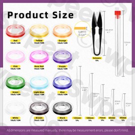 Swpeet 18Pcs 12 Rolls 12 Colors Elastic Stretch Thread and 45mm 60mm 75mm 100mm 115mm 125mm Beading Needles with U Scissor Assortment Kit, Big Eye Beading Needles Clear Stretch Cord Thread for Jewelry