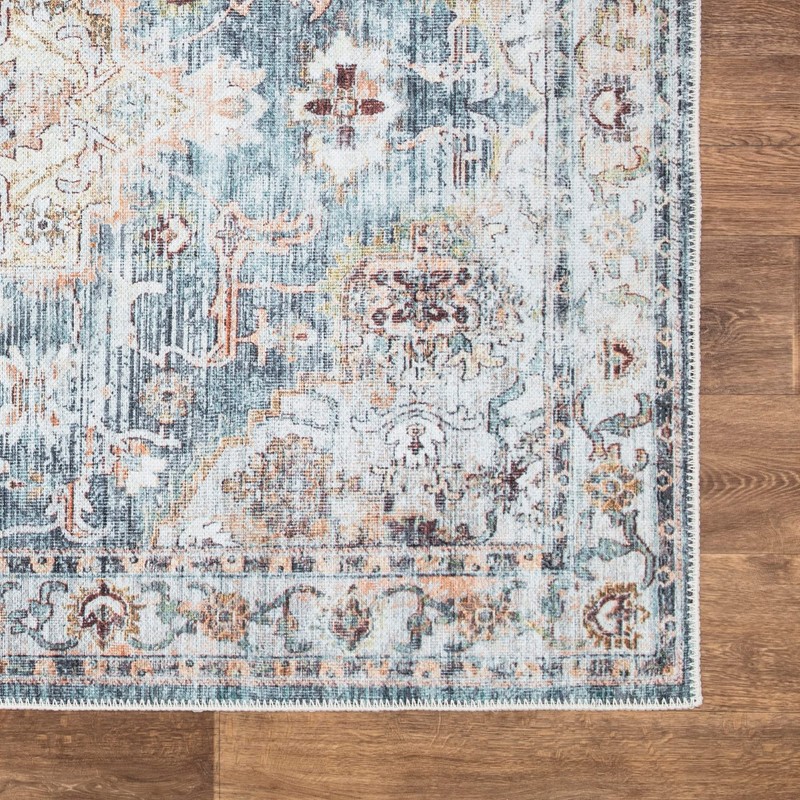Bloom Rugs Washable Non-Slip 7 ft Runner - Teal/Peach Traditional