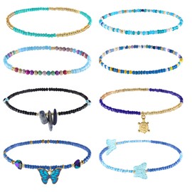 ELABEST African Beads Anklet 8pcs Boho Beaded Ankle Bracelet Elastic Bead Foot Chain Jewelry for Women