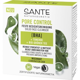 SANTE Naturkosmetik Pore Control Solid Face Cleanser - 60 g - Deep Pore Cleansing for Combination Skin - with BHA, Niacinamide Effect & Organic Green Tea - Soap-free & Dermatologically Tested