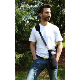 BlankIt! Concepts Kisa Water Bottle Holder Carrier Flask Bottles Adjustable Shoulder Hand Strap 2 Pocket Sling Neoprene Sleeve Hiking Travel 16oz 17oz 20oz 24oz 25oz 32oz 40oz (Black)