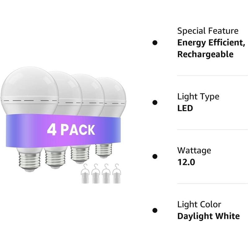 Rechargeable Emergency Light Bulbs A19, 4 Pack Battery Powered LED