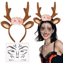 LGZIN Carnival Costume Women's Headband Deer Antlers Horns with Flowers + Deer Face Tattoo, Reindeer Headband with Ears, Deer Headband Women Girls, Deer Hair Band Hair Accessories for Theme Party
