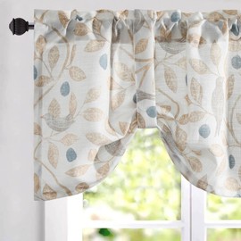 VOGOL Tie-up Valance 18 Inches Long Curtains for Kitchen Small Cafe, Birds and Leaf Print Valances Top Pocket Window Drapes for Farmhouse, One Panel, Tie52x18
