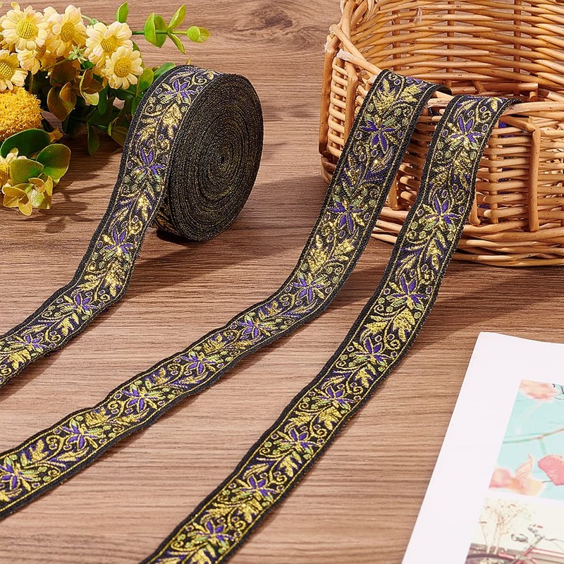 BENECREAT 10.9 Yards 25mm Goldenrod Vintage Jacquard Ribbon, Boho Braid
