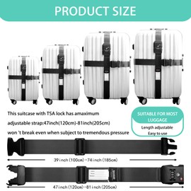 Cross Luggage Strap Belt for 20"-32" Suitcase with TSA Approved 3-Dial Combination Lock Wide Adjustable Packing Straps Travel Accessories, Black