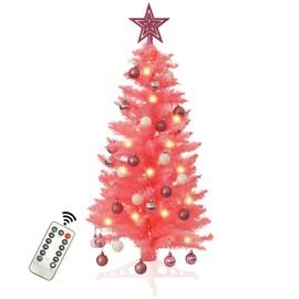 3 FT Artificial Christmas Tree, Pink Christmas Tree with 50 Warm Lights, 8 Lighting Modes Remote Control,15 Ball Ornaments Star Tree Topper, Small Xmas Tree for Home Decor