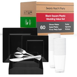 Elegant Disposable Plastic Dinnerware Set, Heavy Duty Plastic Plates (Black, Wedding Value Set (60 Guests))