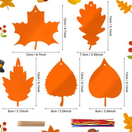 50 Pieces Scratch Fall Leaves Colorful Scratch Leaves Scratch Rainbow Art Paper with Ribbons and Wooden Stylus for Thanksgiving Harvest Party (Yellow)