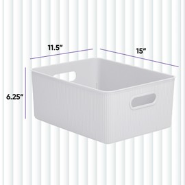 Superio Ribbed Collection - Decorative Plastic Open Home Storage Bins Organizer Baskets, Large White (4 Pack) Container Boxes for Organizing Closet Shelves Drawer Shelf 15 Liter/16 Quart