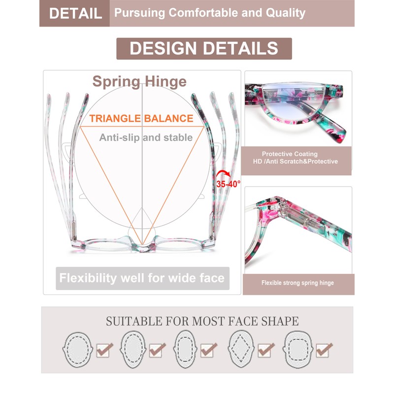 EYEURL Half Frame Reading Glasses for Women-4 Pack Blue Light
