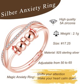 Bewenda Silver Anxiety Ring, 925 Sterling Silver Anxiety Rings for Women, Adjustable Bead Spinner Fidget Ring with Zircon, Open Adjustable Anti-Stress Rings, Decompression Rings with 5 Beads, 925