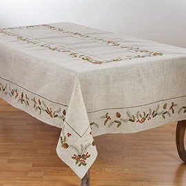 SARO LIFESTYLE 1851.N67104B Joyeuses Fêtes Collection Holiday Tablecloth With Embroidered Pinecone And Holly Design 67" x 104" Natural
