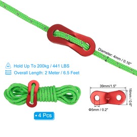 PATIKIL 4mm Tent Rope, 4 Pack 6.5ft Reflective Guyline Cord Tied Downs Rope Paracord Cord Camping Ropes with Red Aluminum Cord Adjusters for Camping Hiking Tent, Green